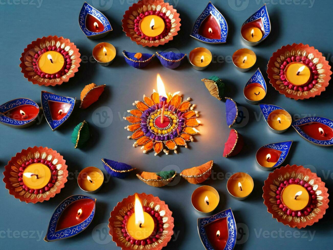 Diya Diya With Colorful Candles. AI Generated photo