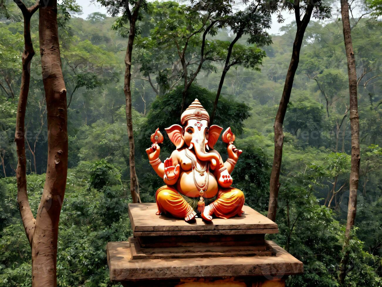 A Statue Of An Elephant In A Forest. AI Generated photo