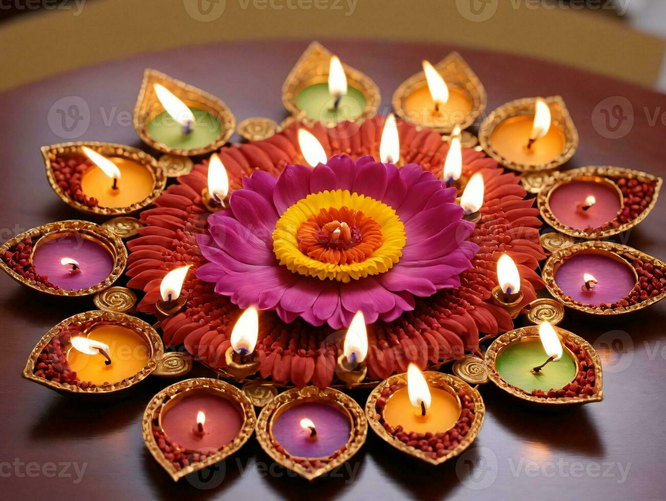 Diya Diya With Flowers And Candles. AI Generated photo