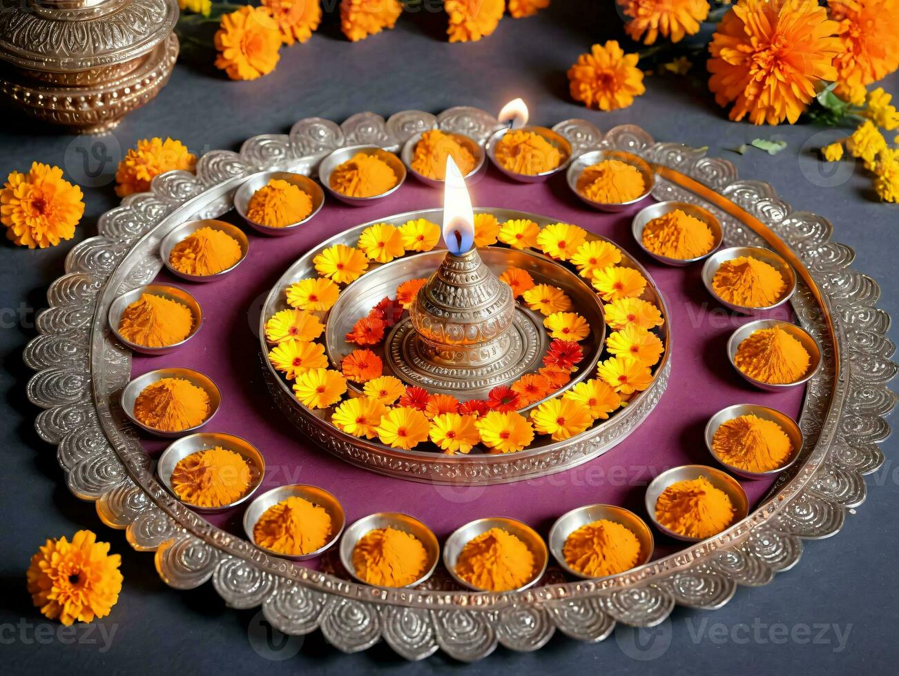 A Silver Plate With A Candle And Flowers. AI Generated photo