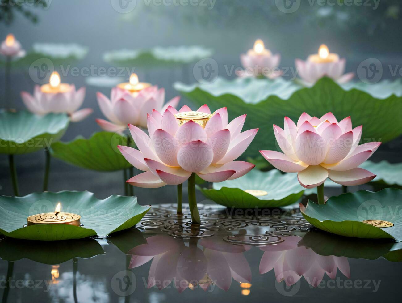 A Group Of Pink Lotuses Floating In A Pond. AI Generated photo