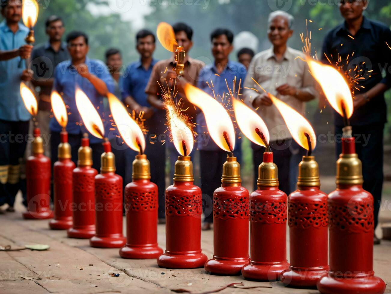 A Group Of People Standing Around A Row Of Red Fire Exors. AI Generated photo