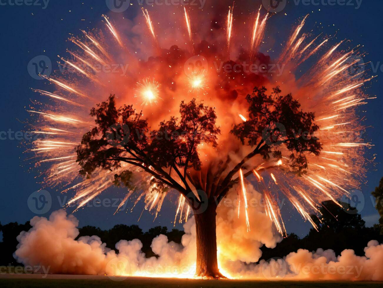 A Tree With Fireworks In The Sky. AI Generated photo