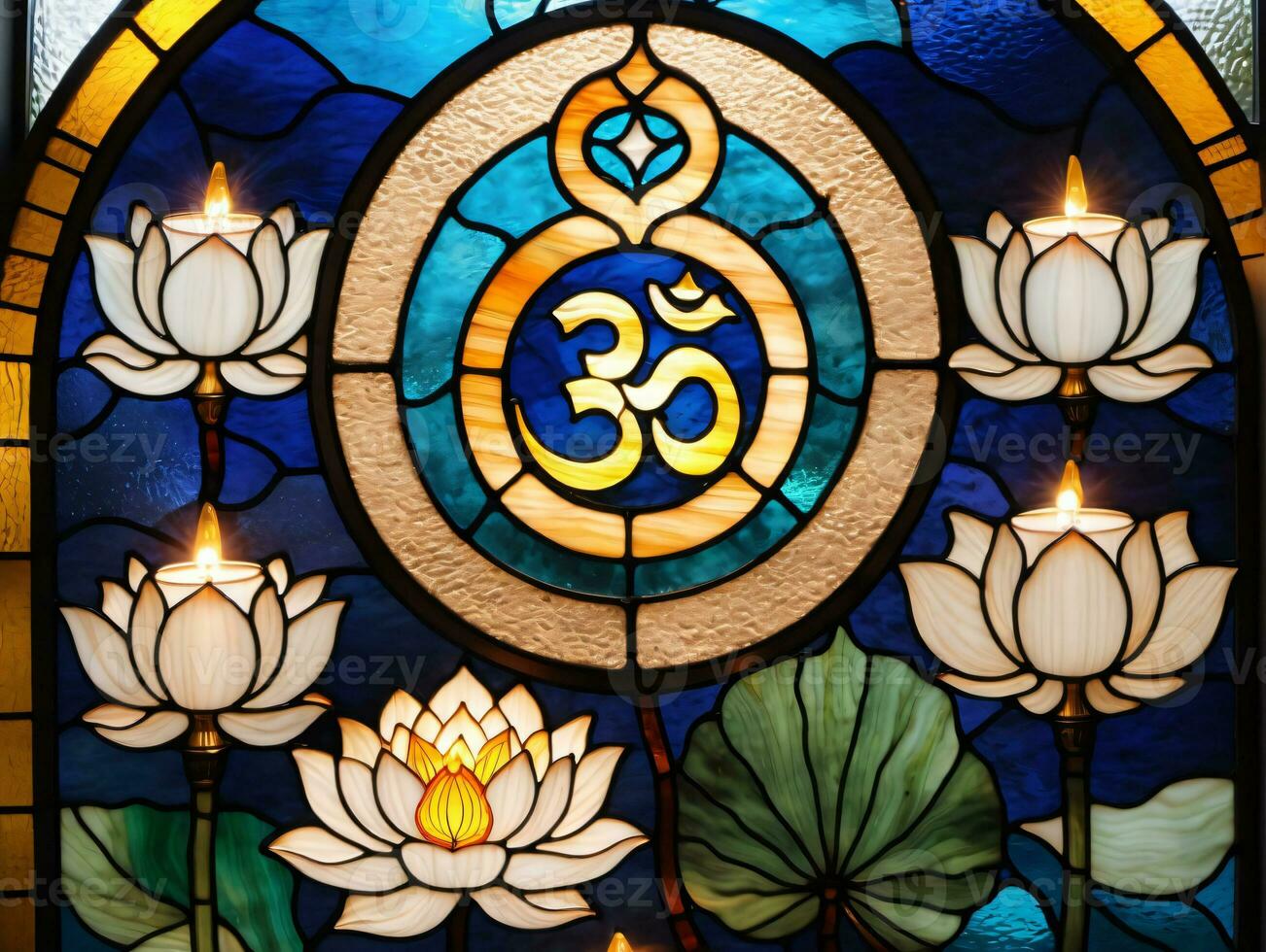 A Stained Glass Window With A Candle And Lotuses. AI Generated photo