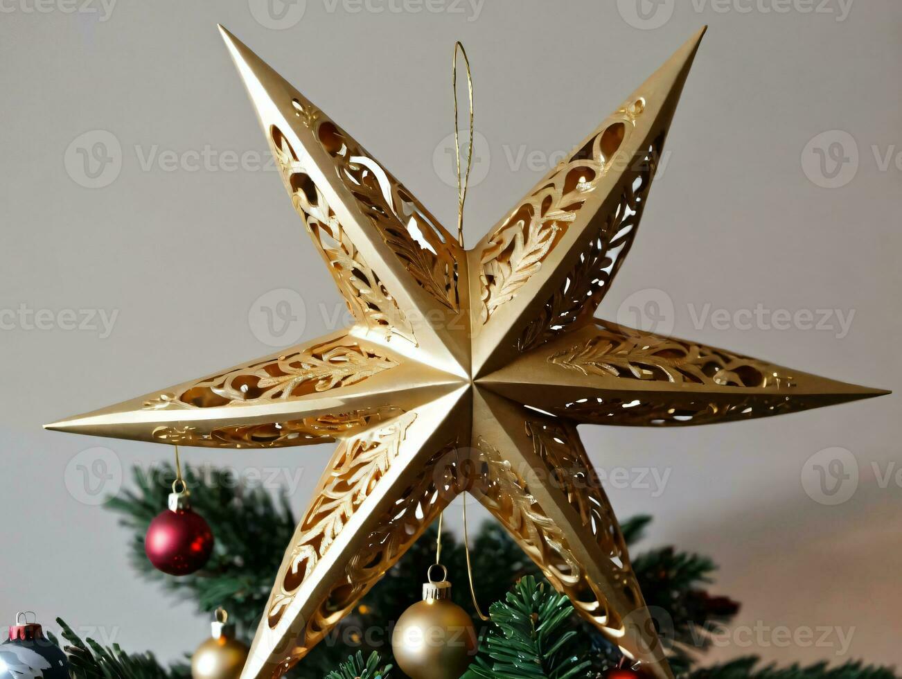 A Gold Star Orname On A Christmas Tree. AI Generated photo