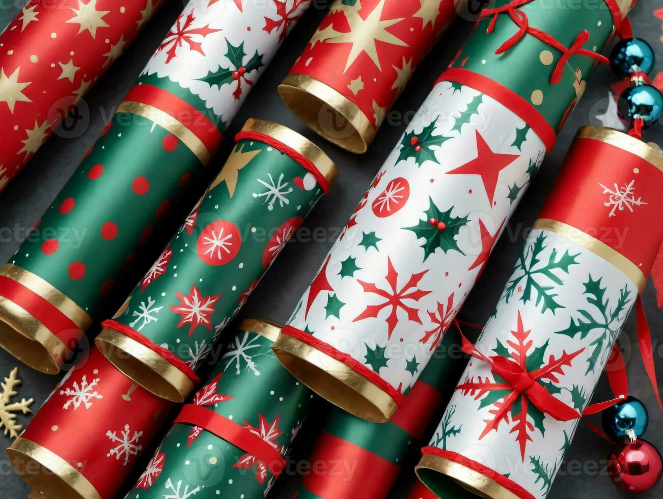 A Group Of Christmas Wrappings With Gold And Green Ribbons. AI Generated photo