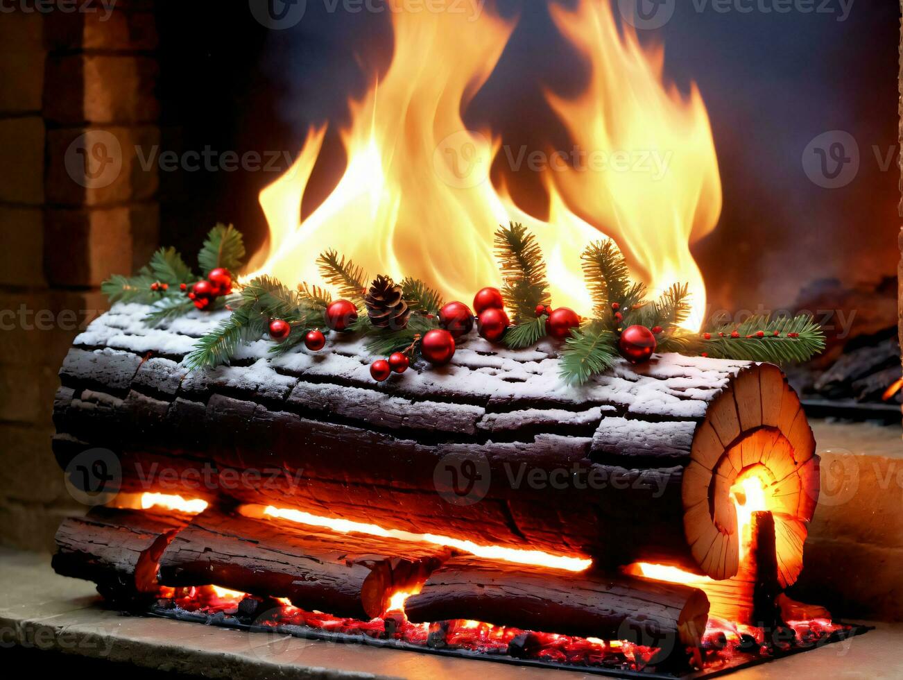 A Log With A Christmas Wreath On Top. AI Generated photo
