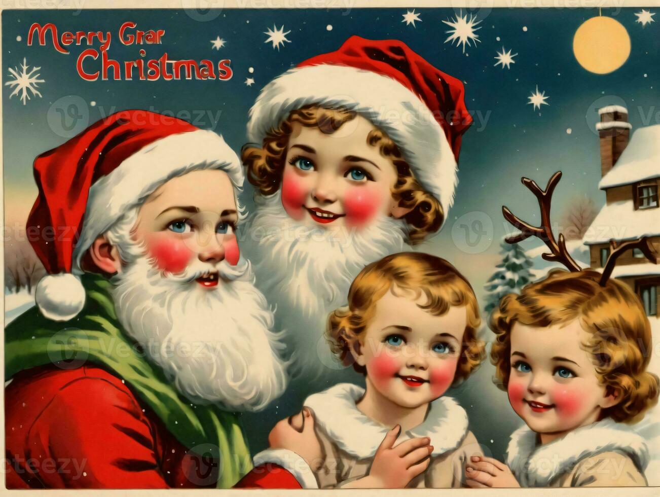 A Vintage Christmas Card With Santa And Children. AI Generated photo