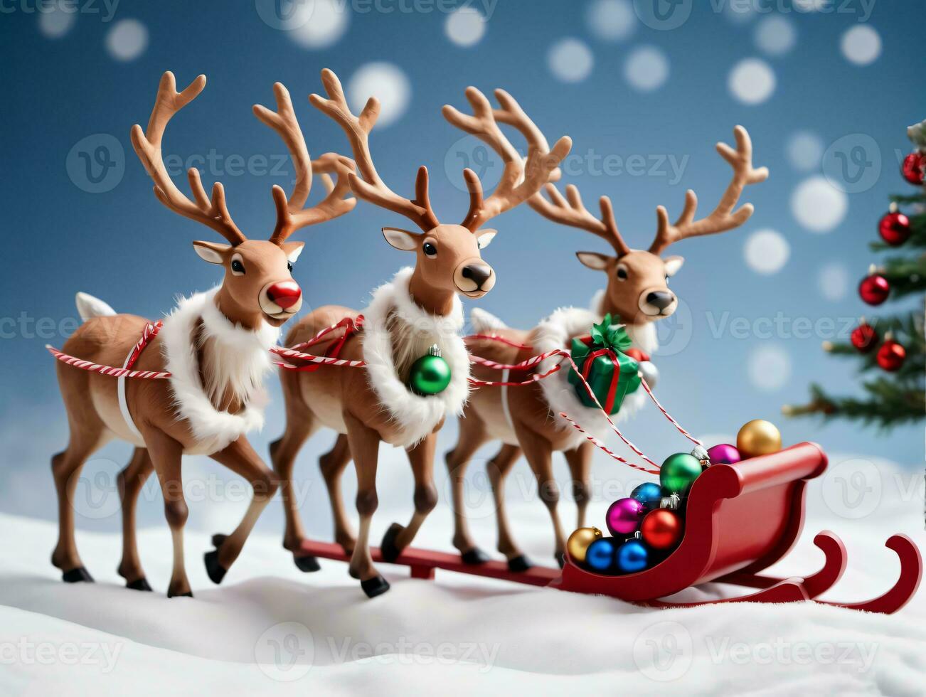 Three Reindeers With Christmas Decorations On A Snowy Background. AI Generated photo
