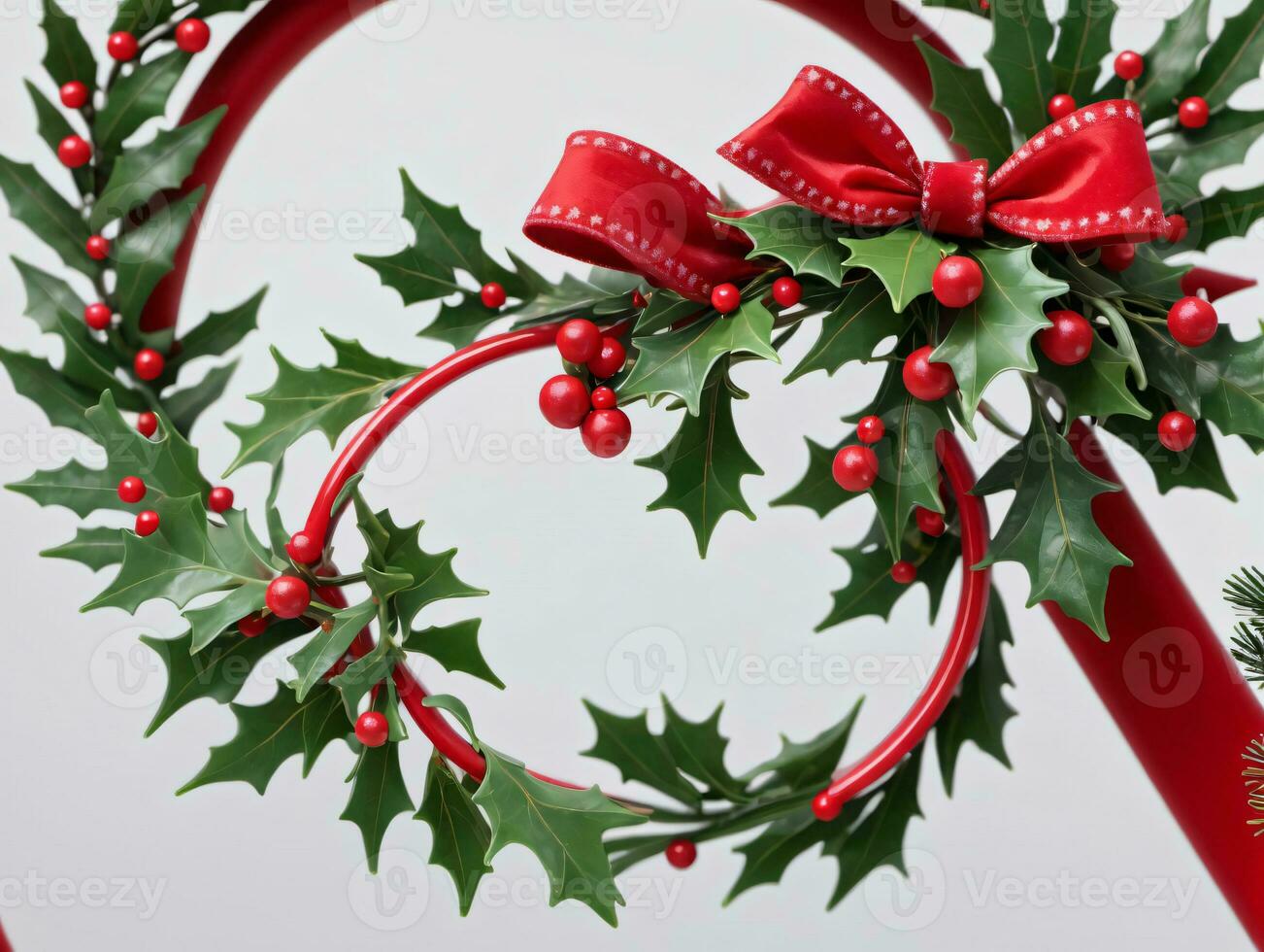 A Red Christmas Wreath With Holly And Red Berries. AI Generated photo