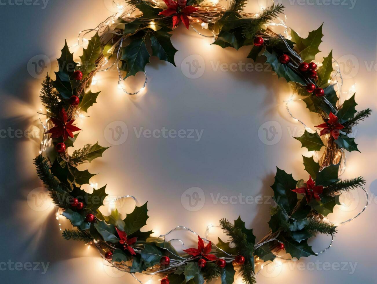 Christmas Wreath With Lights And Holly Leaves. AI Generated photo