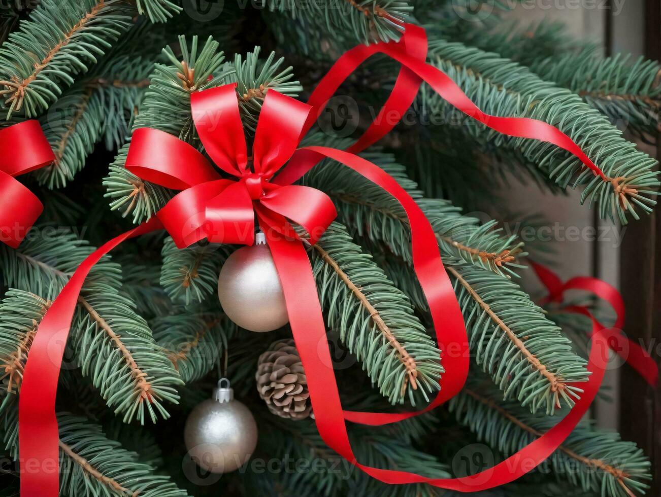A Christmas Tree With Red Ribbon And Silver Ornaments. AI Generated photo