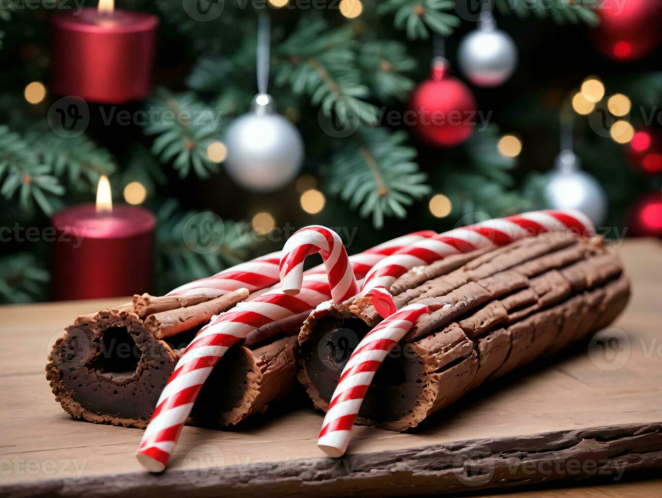 un cerca arriba de un Navidad árbol con un manojo de caramelo bastones ai generado foto