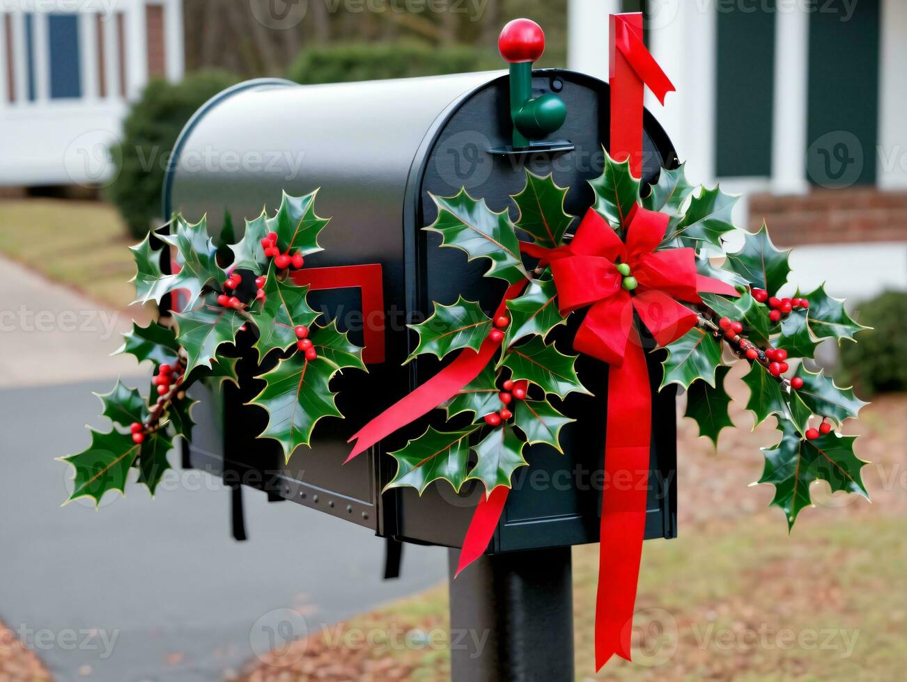 A Christmas Wreath On A Mailbox. AI Generated photo