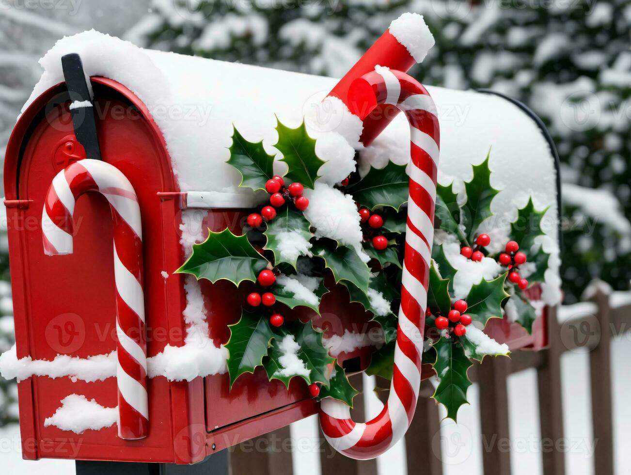 A Red Mailbox With A Wreath And Candy Cane. AI Generated photo