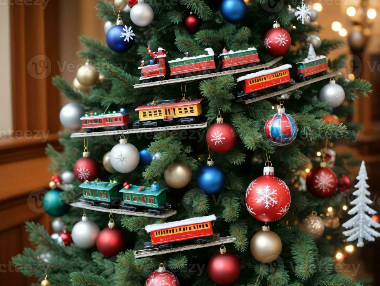 A Christmas Tree With A Train On It. AI Generated photo