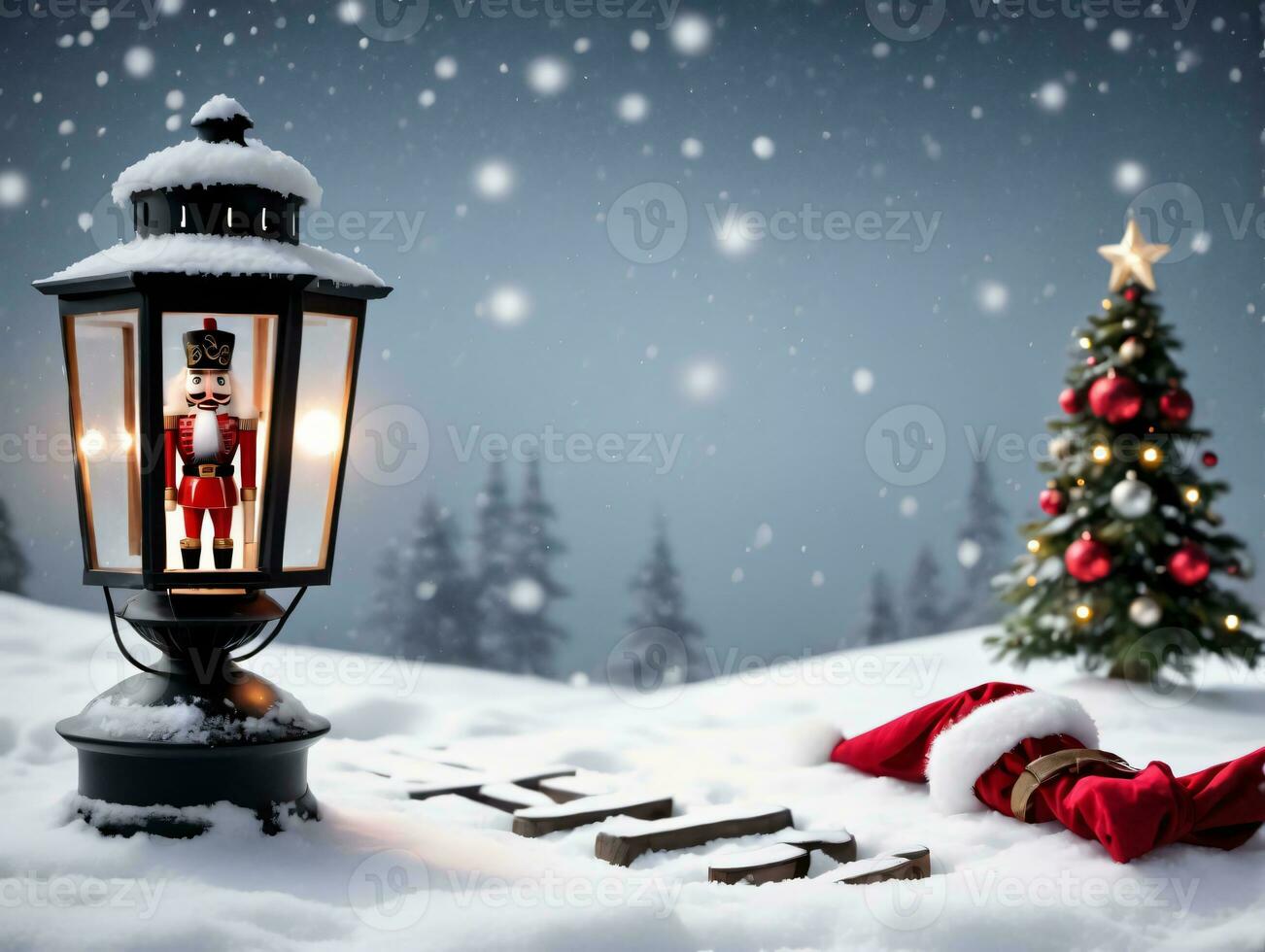 A Christmas Scene With A Lantern And A Christmas Tree. AI Generated photo