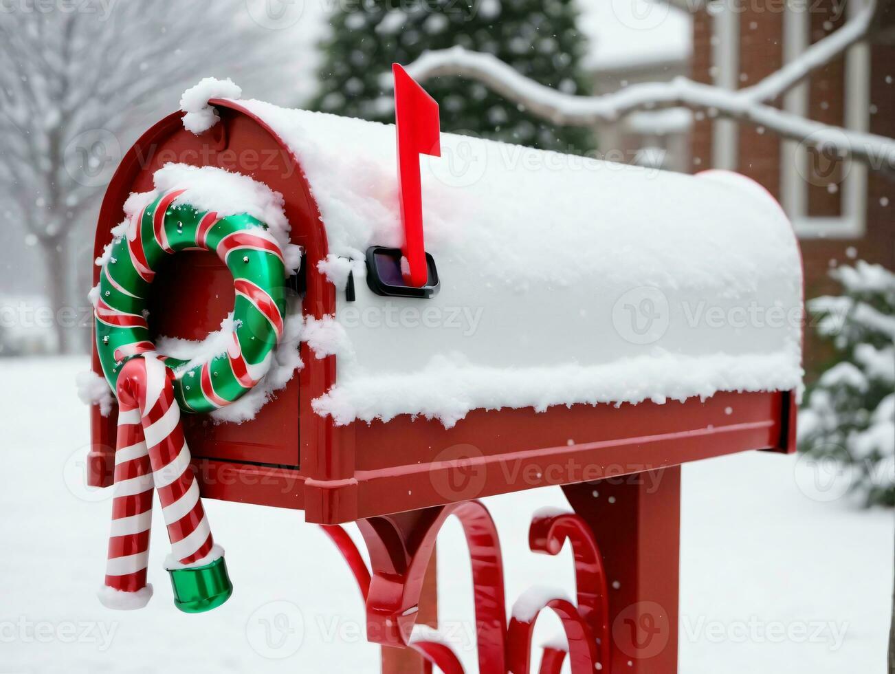 A Red Mailbox With A Candy Cane. AI Generated photo