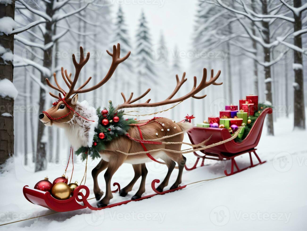 A Reindeer Pulling A Sler. AI Generated photo