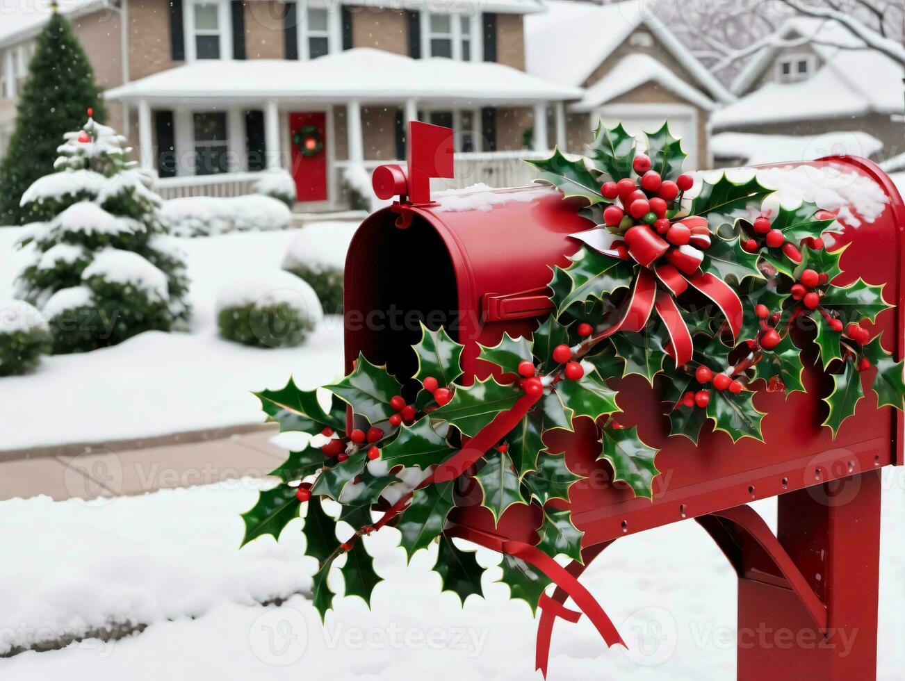 A Red Mailbox With Holly And Red Berries. AI Generated photo