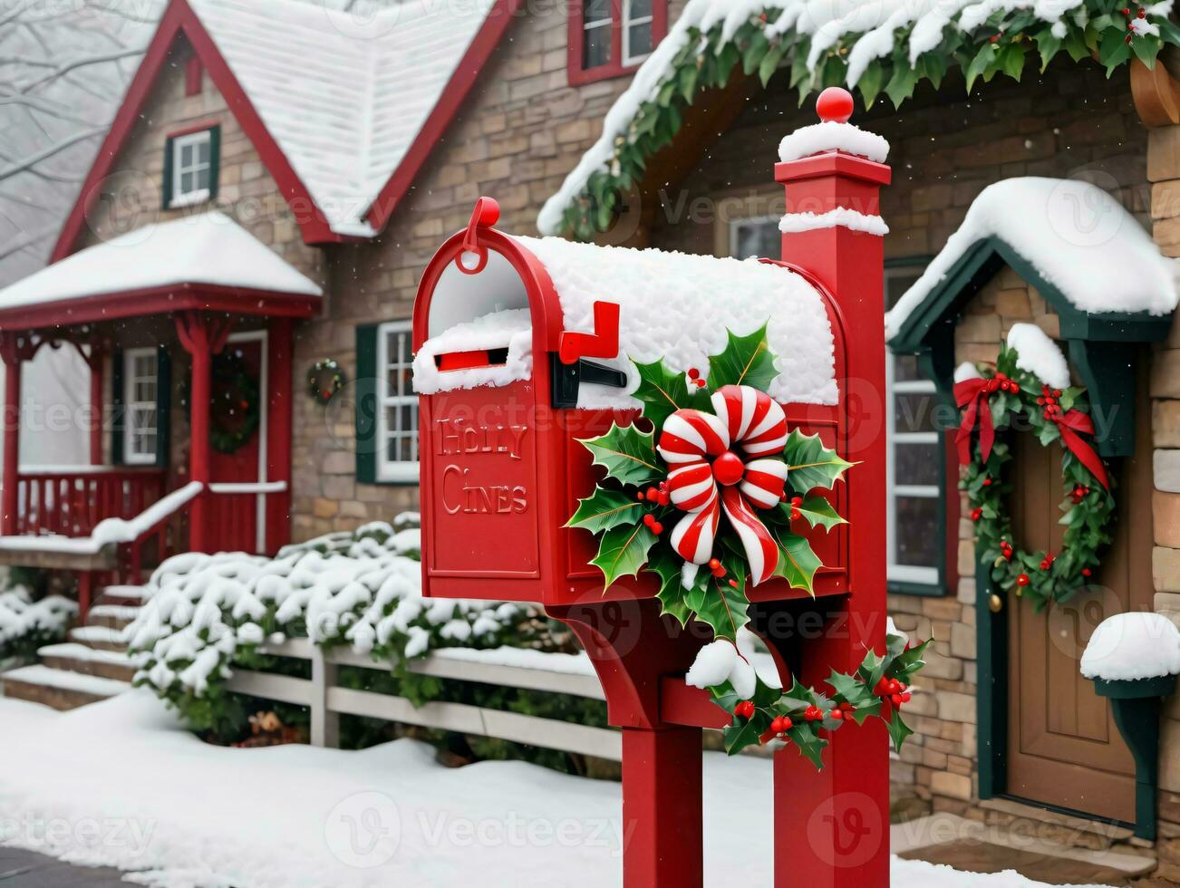 A Red Mailbox With A Wreath On It. AI Generated photo