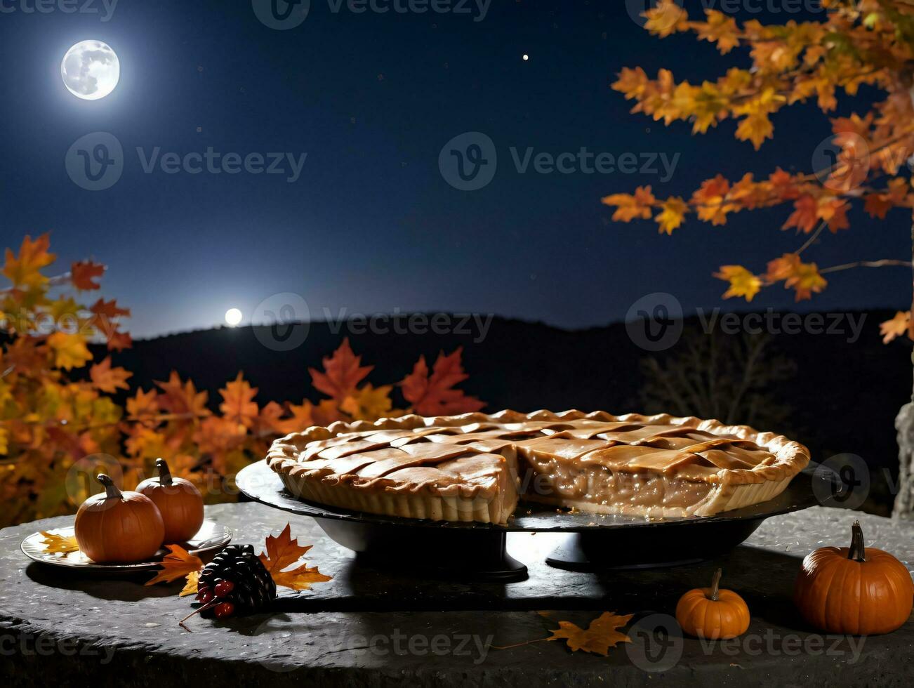 A Pie And A Pumpkin On A Table. AI Generated photo