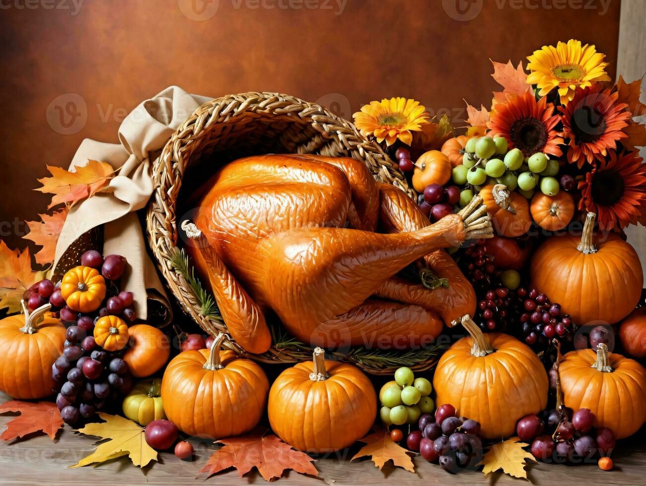 A Thanksgiving Turkey With A Basket Of Fruit And Flowers. AI Generated photo