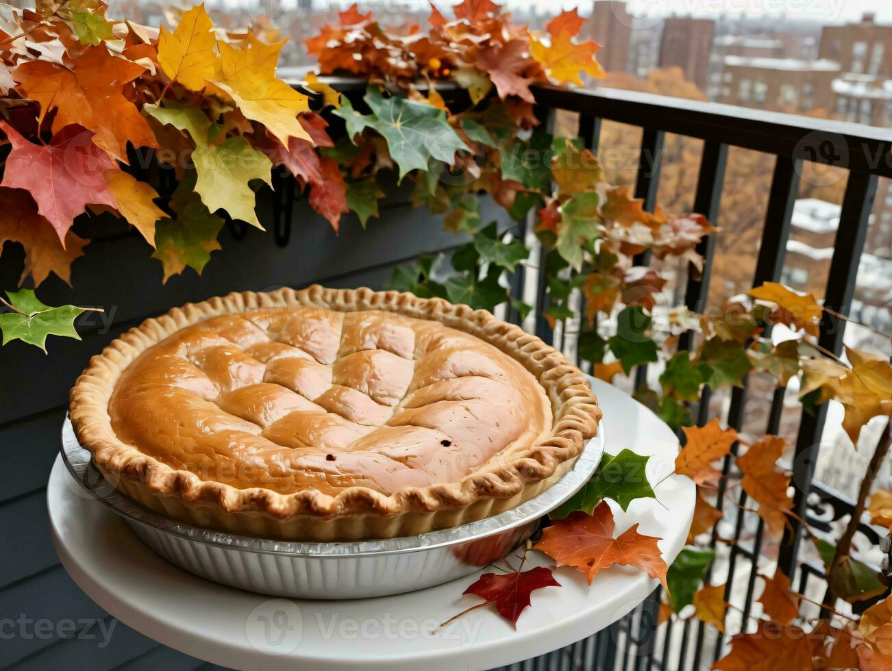 A Pie On A Plate On A Balcony. AI Generated photo