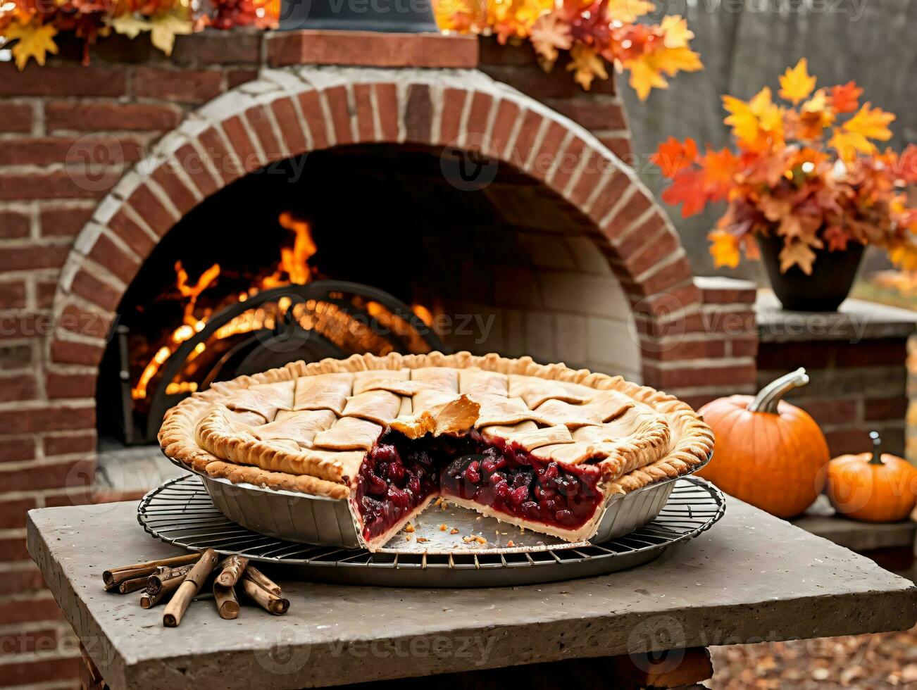 A Pie Sitting On A Table In Front Of A Brick Oven. AI Generated photo