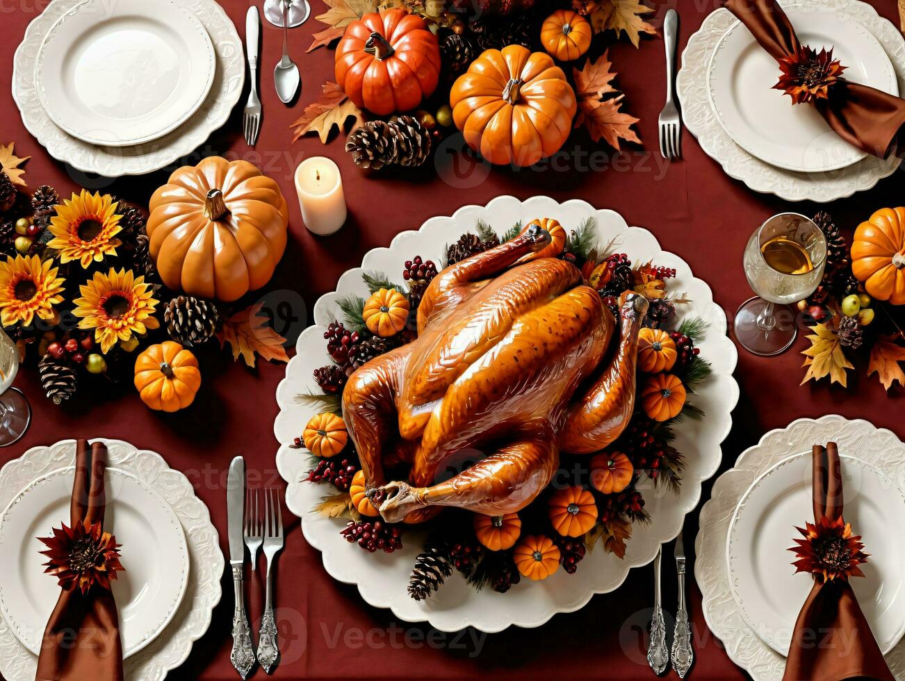un mesa con un Turquía y otro acción de gracias decoraciones ai generado foto
