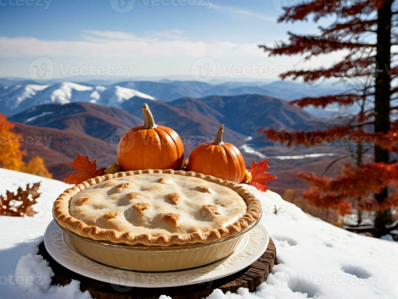 un tarta en un plato con dos calabazas ai generado foto