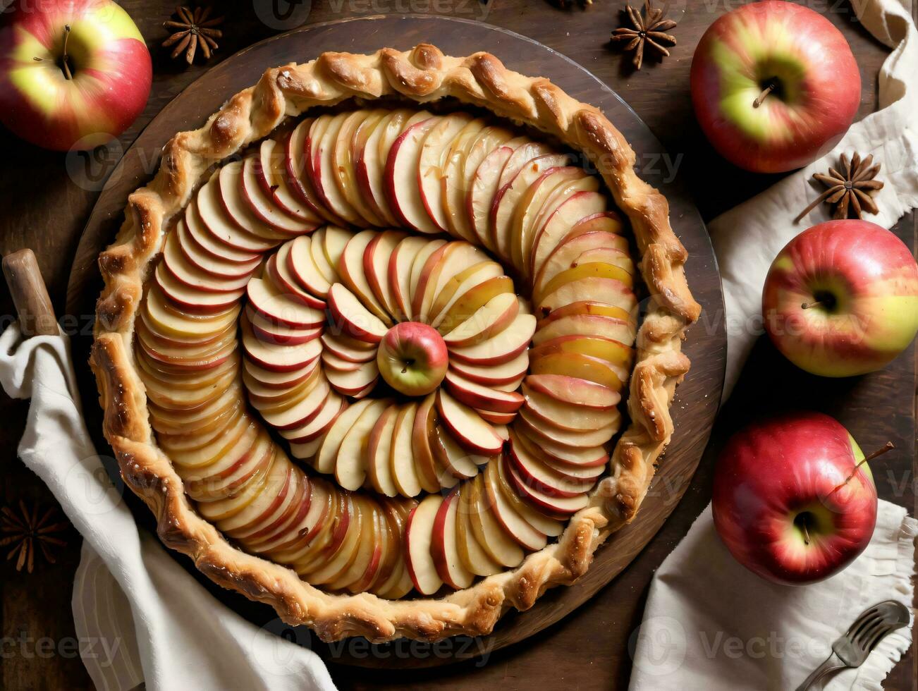 A Pie With Apples And Cinnamons On A Table. AI Generated photo