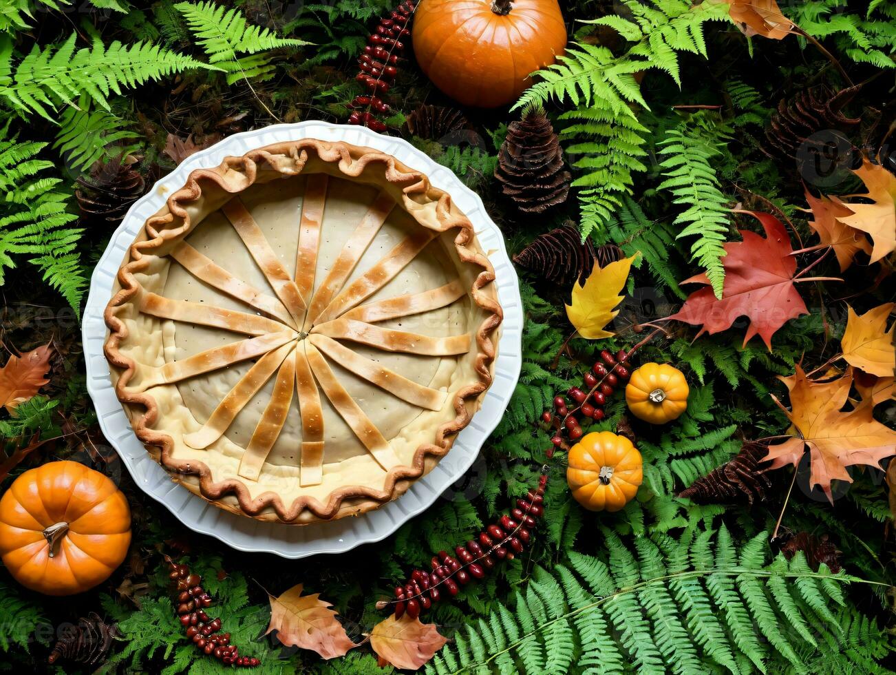 A Pie On A Plate Surrounded By Autumn Leaves. AI Generated photo