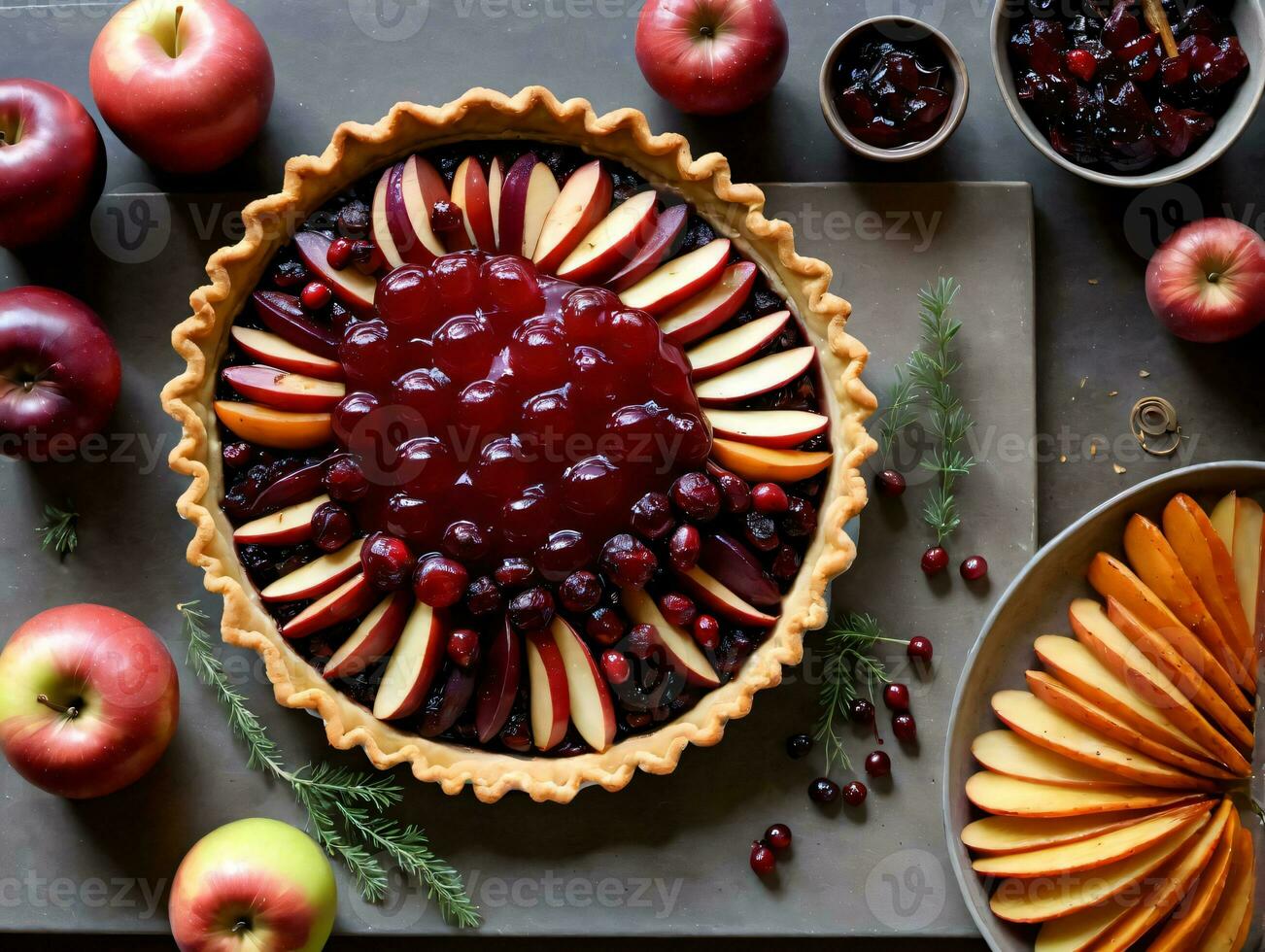 A Pie With Apples And Cran On A Table. AI Generated photo