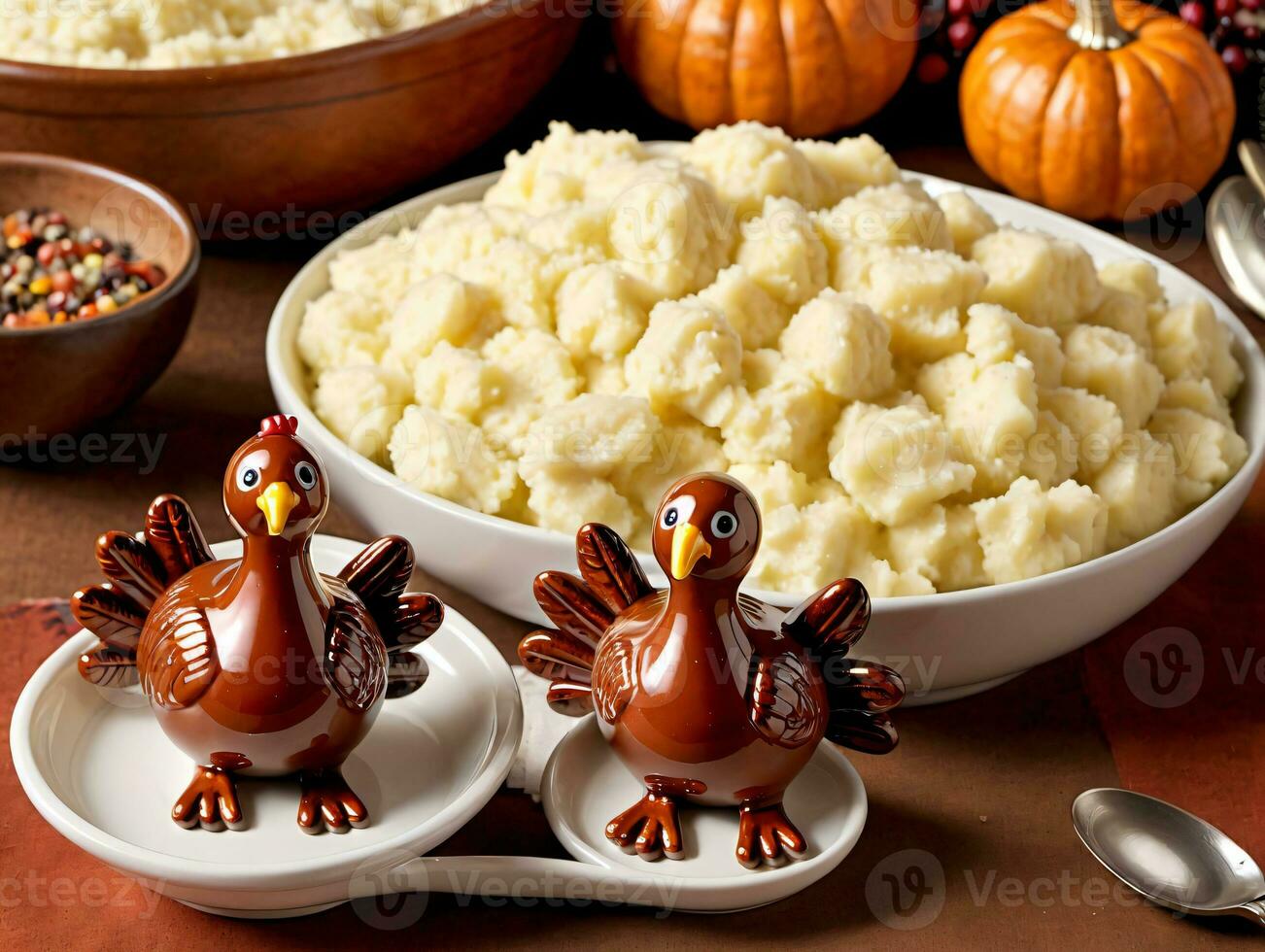 A Plate Of Mas Potatoes With A Turkey Figurine. AI Generated photo
