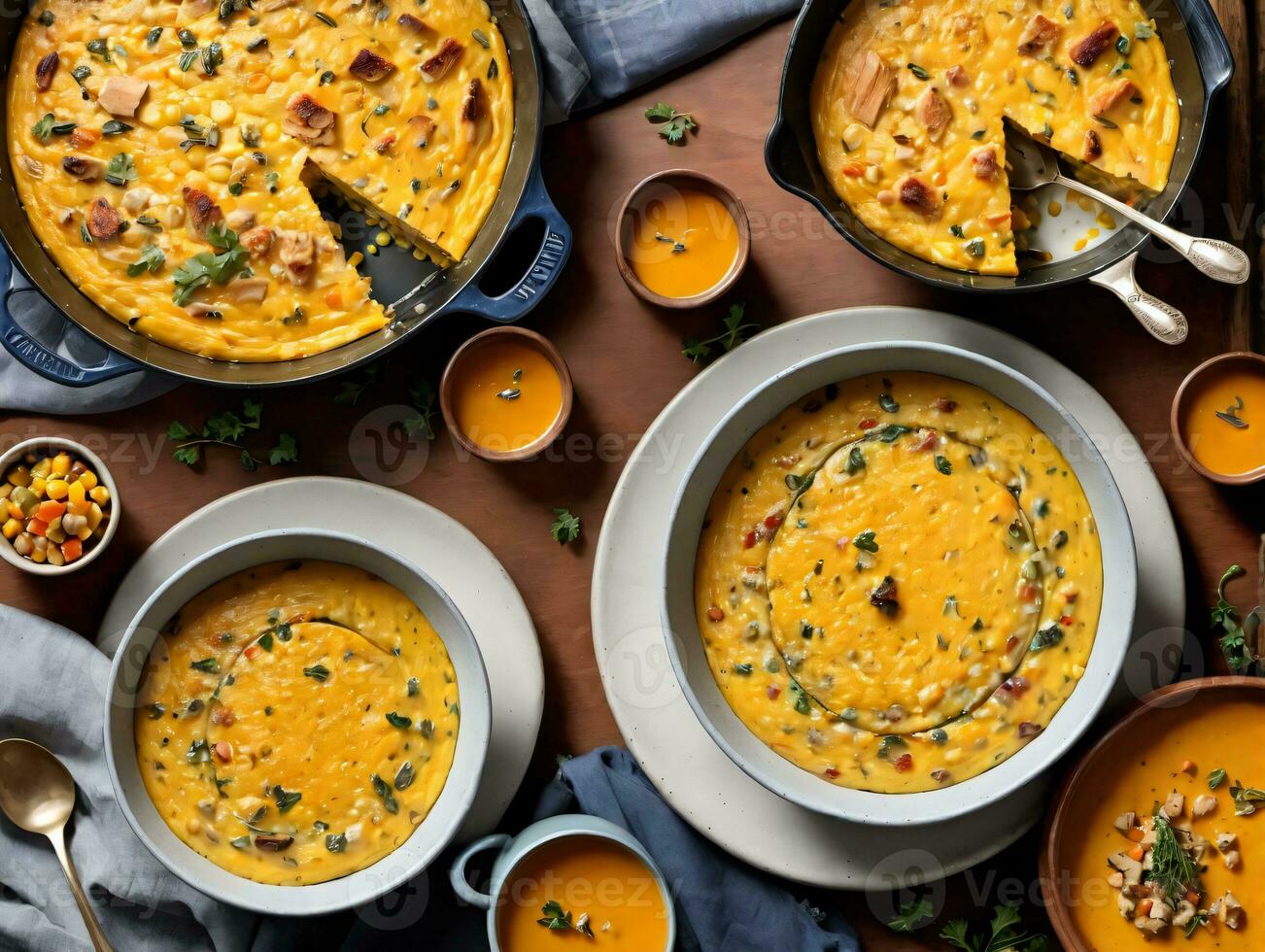 A Table Topped With Bowls Of Soup And Bowls Of Soup. AI Generated photo