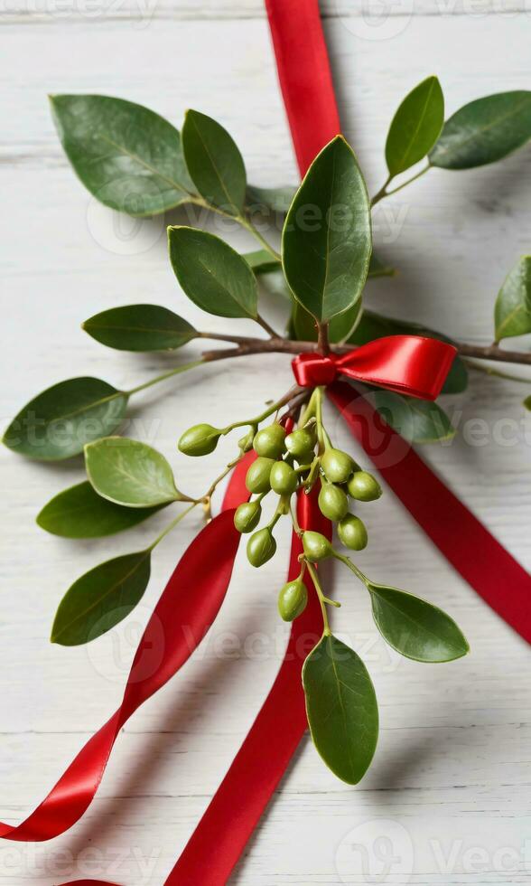 Photo Of Christmas Mistletoe With A Red Ribbon. AI Generated