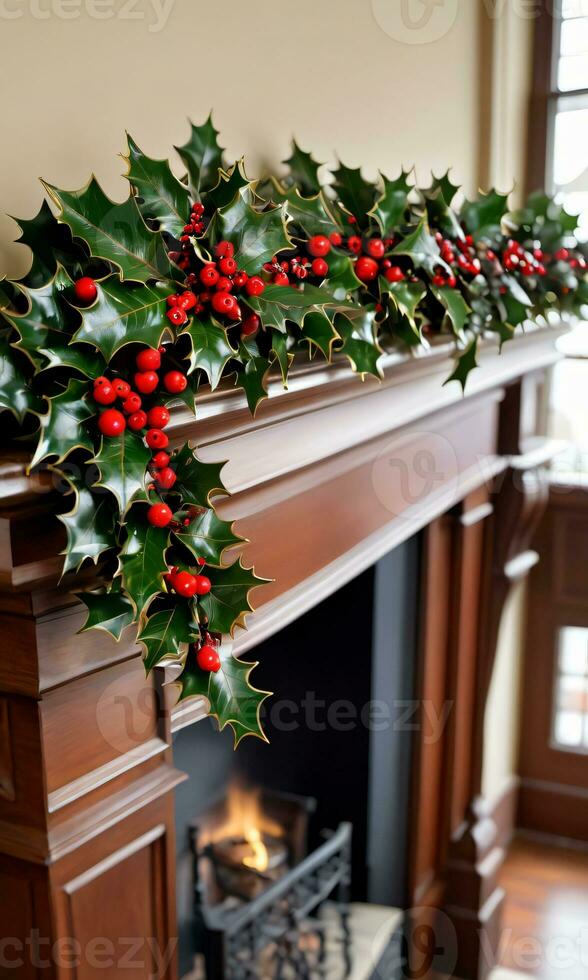 Photo Of Christmas Boughs Of Holly On A Mantle. AI Generated