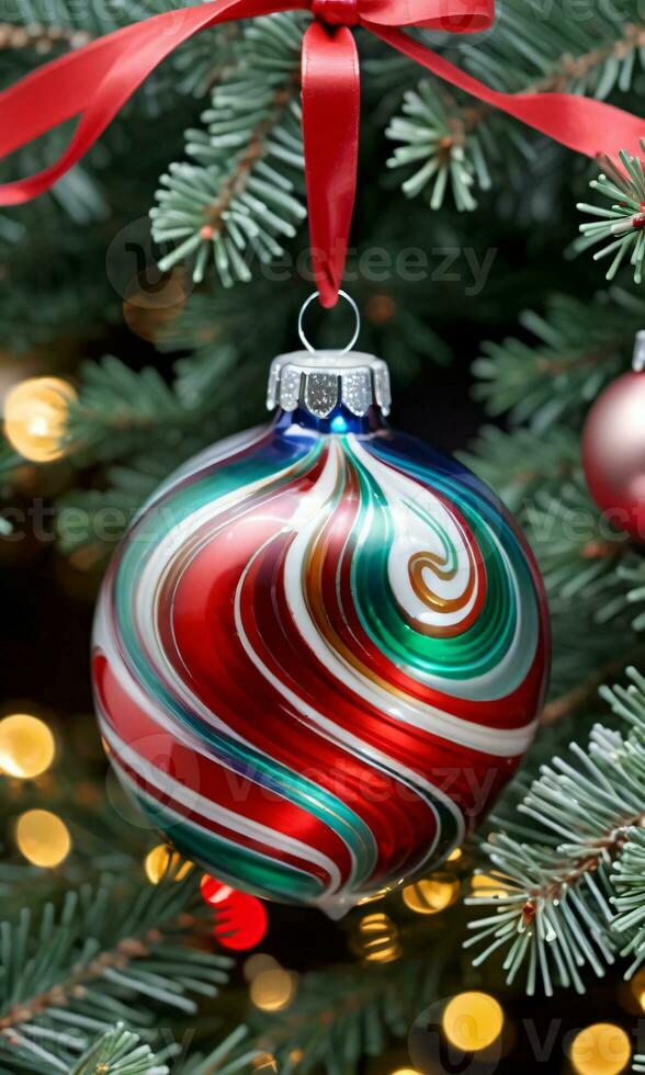 Photo Of Christmas Glass Ornament With Swirling Colors. AI Generated