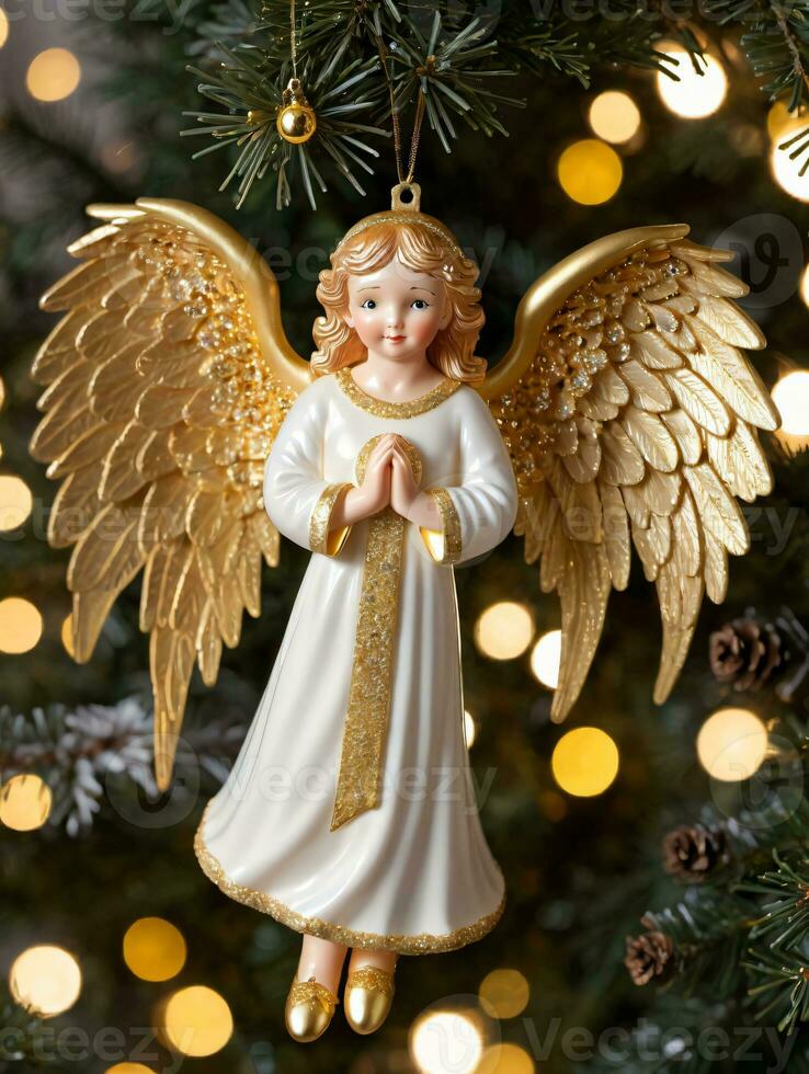 Photo Of Christmas Angel Ornament With Golden Wings. AI Generated