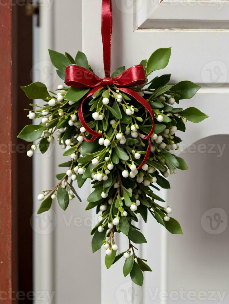 foto de Navidad muérdago colgando desde un puerta. ai generado