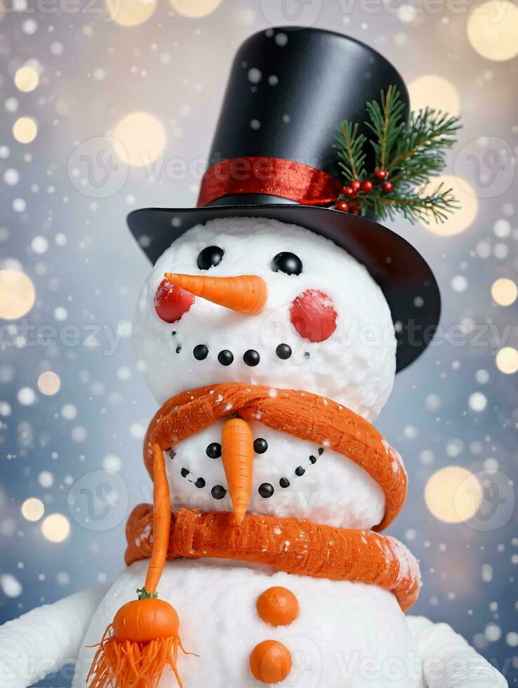 Photo Of Christmas Snowman With A Carrot Nose. AI Generated