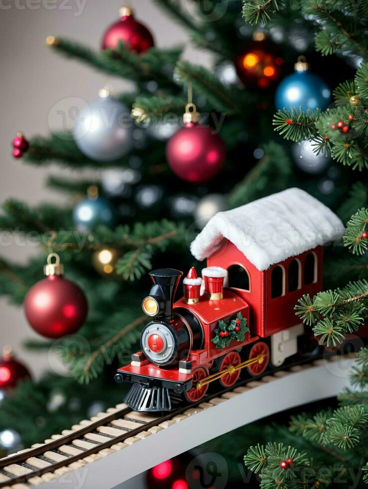 Photo Of Christmas Toy Train Circling A Tree. AI Generated