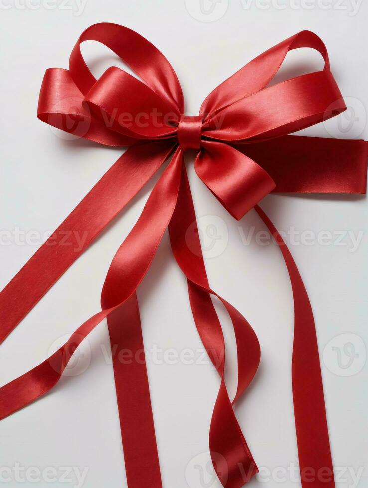 Photo Of Christmas Red Ribbon Tied In A Bow. AI Generated