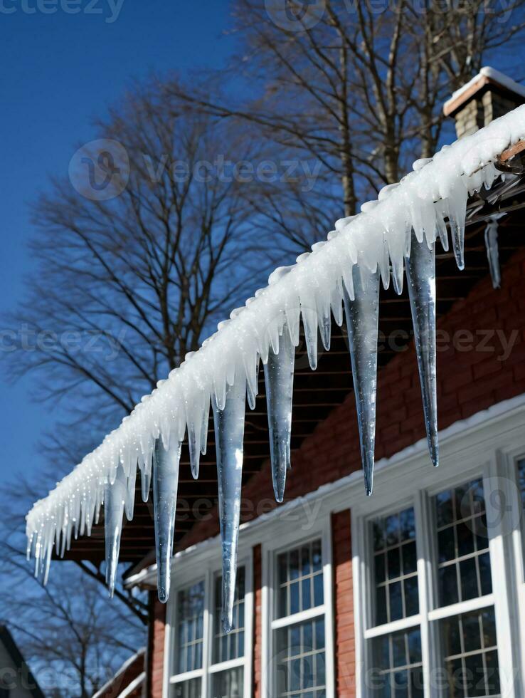 Photo Of Christmas Glistening Icicles Hanging From A Roof. AI Generated