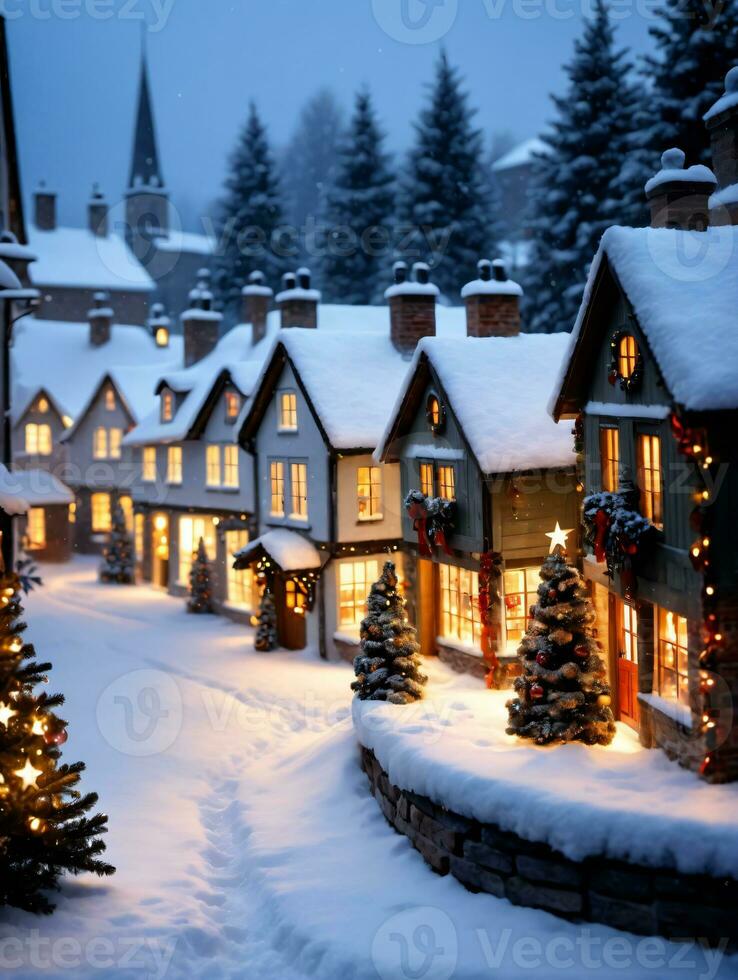 Photo Of Christmas Snowy Village With Lit Windows. AI Generated