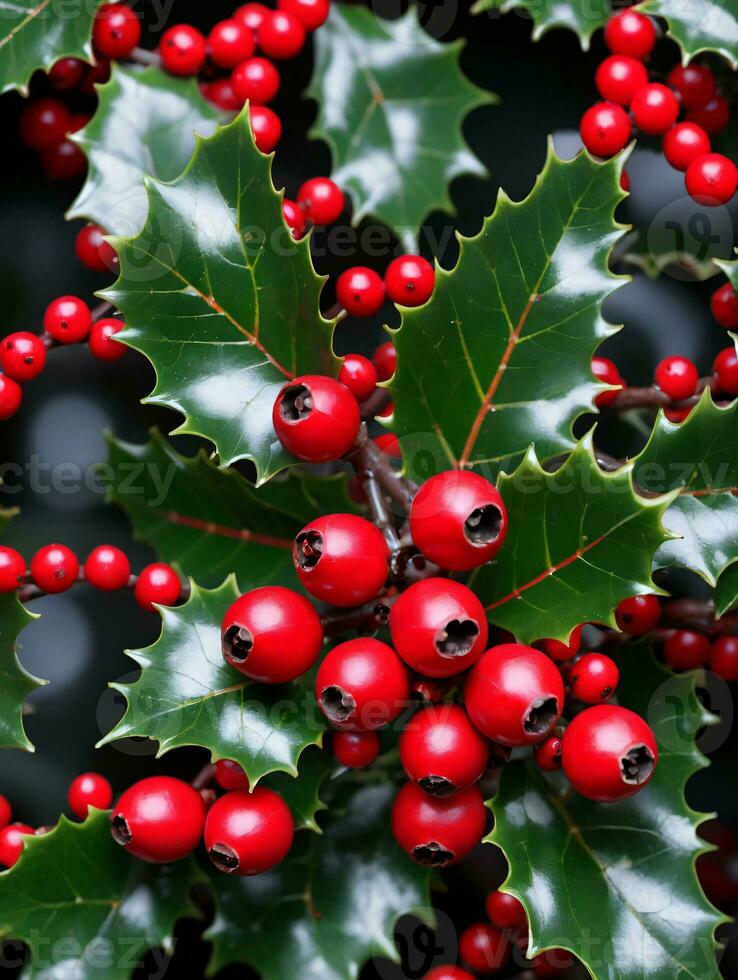 Photo Of Christmas Holly Branches With Red Berries. AI Generated