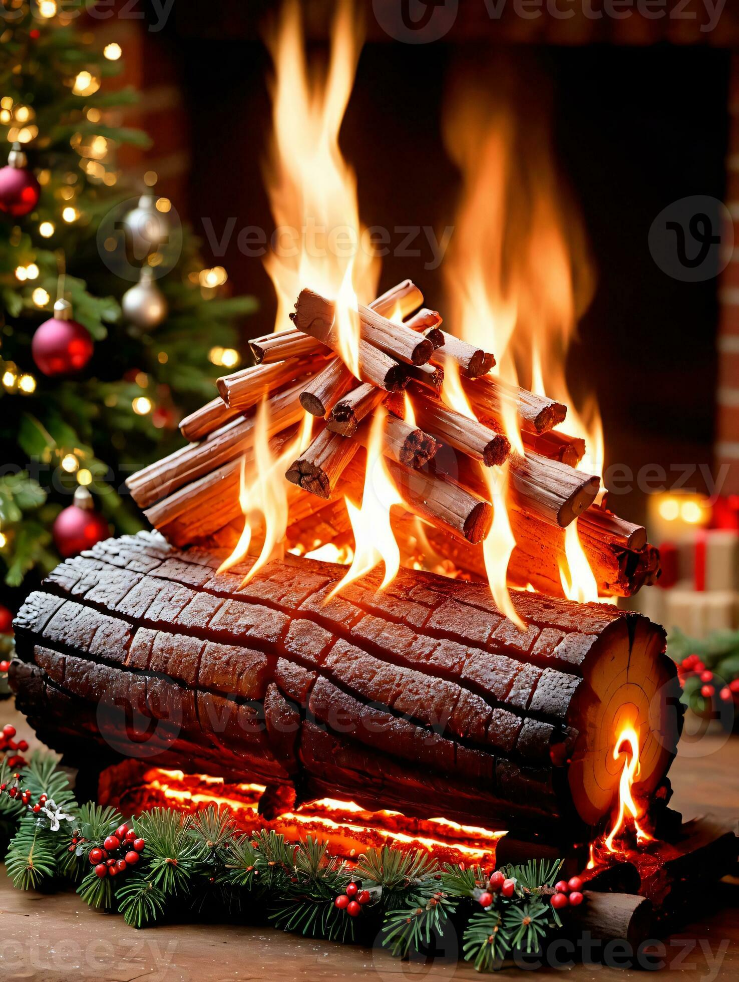 Photo Of Christmas Yule Log Burning Brightly. AI Generated 31220240