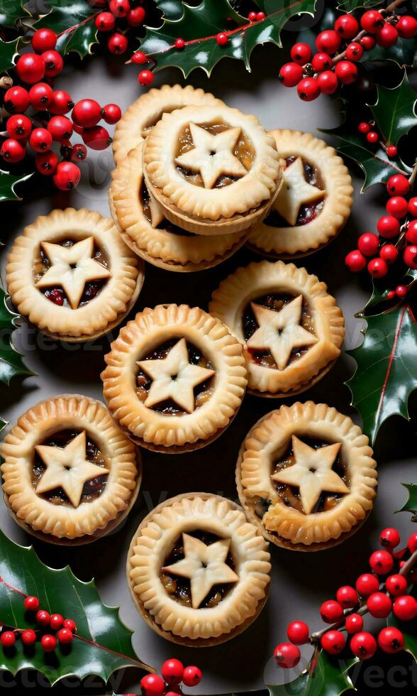 Photo Of Christmas Mince Pies Surrounded By Holly Leaves. AI Generated