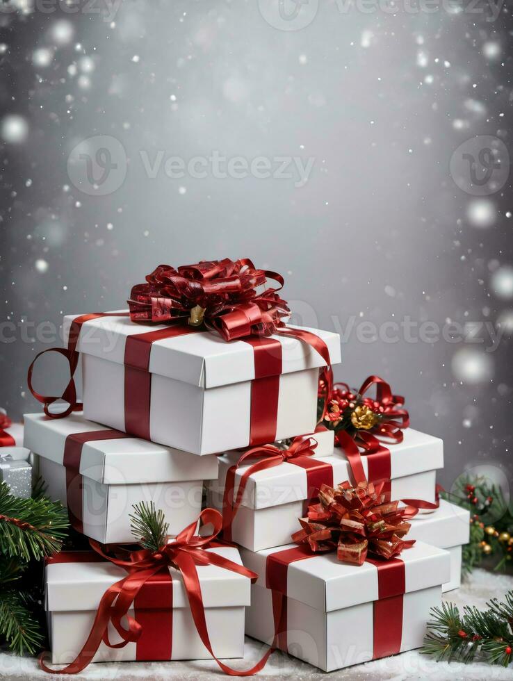 Photo Of Christmas Stacked Gift Boxes With Ribbons. AI Generated